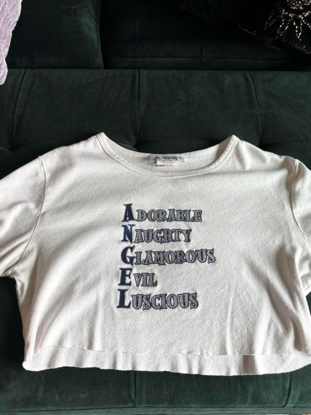 Y2K White Graphic Crop Top with Sparkly Navy Text